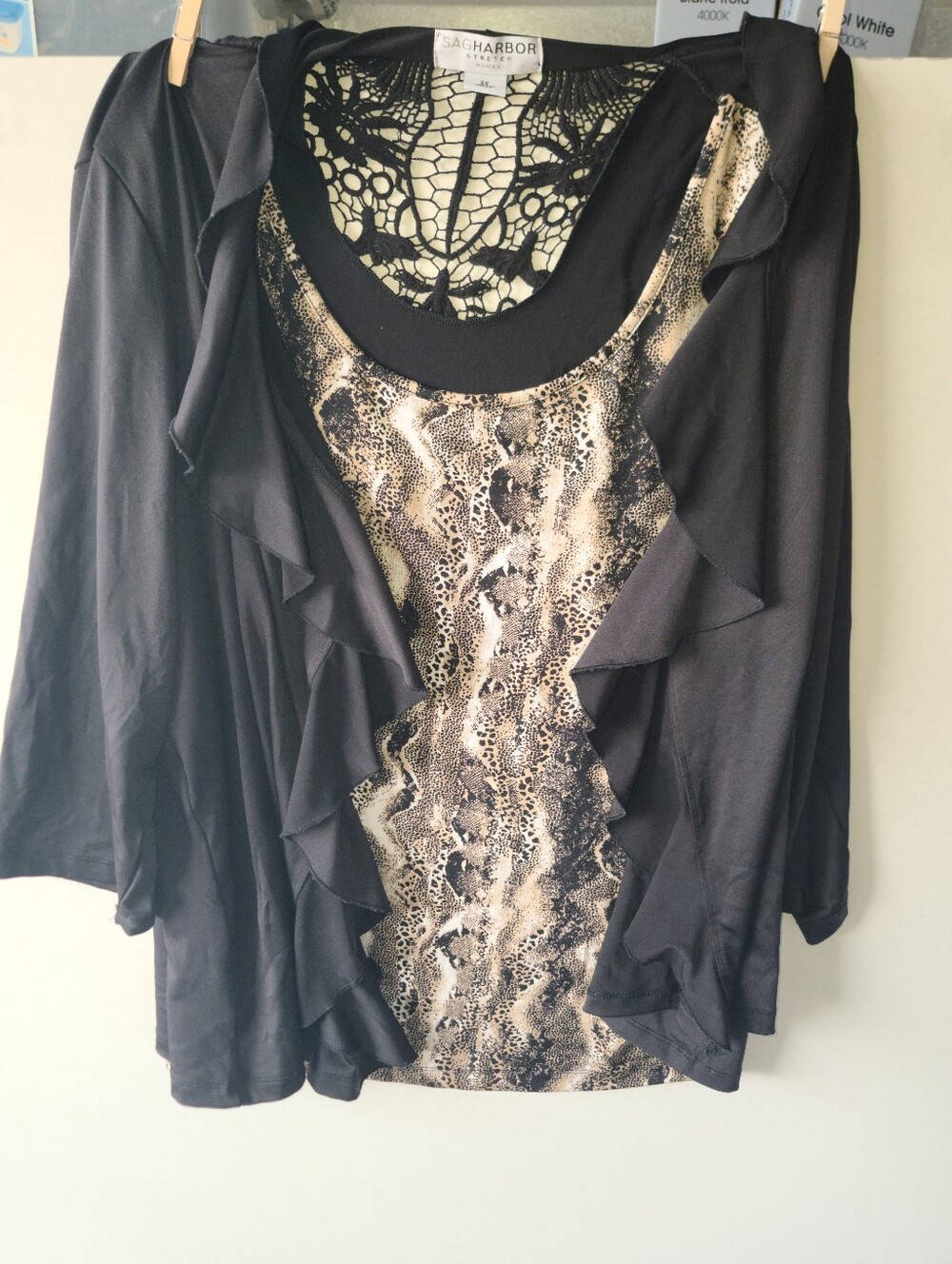 Sag Harbor Black and Beige Ruffled Snake-Print Tunic